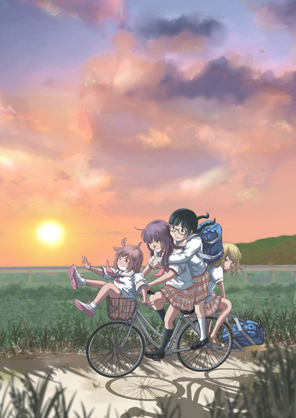 4girls, bag, bicycle, blonde_hair, commentary_request, duffel_bag, field, hug, in_basket, multiple_girls, muraoka_yuu, ocean, original, outdoors, pink_hair, purple_hair, riding, riding_bicycle, school_uniform, sunset