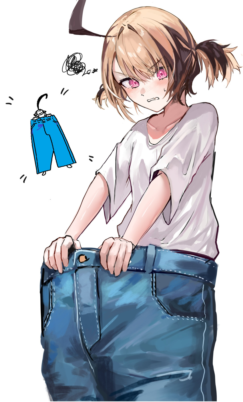 1girl, absurdres, blush, denim, fang, highres, hololive, jeans