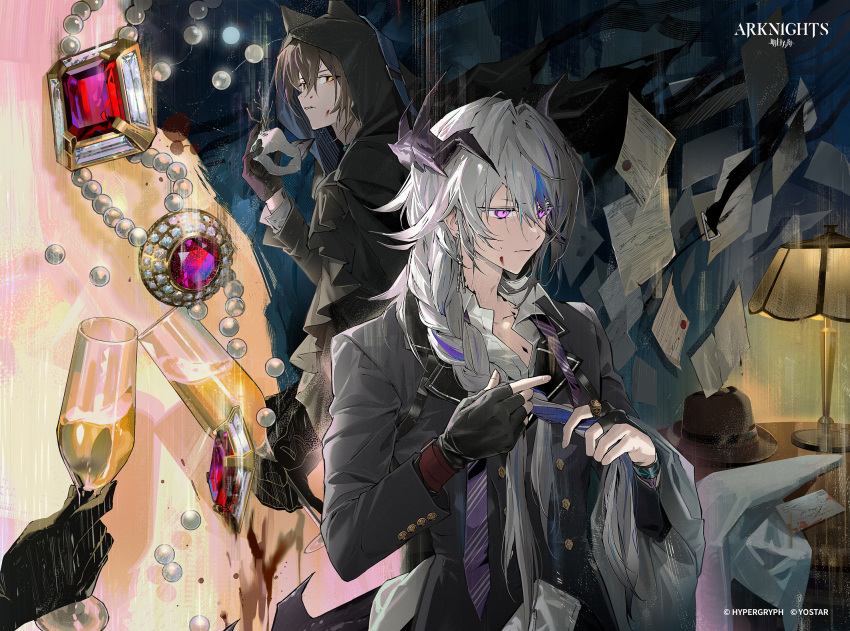 2boys, animal_ears, arknights, black_coat, black_gloves, black_jacket, blood, blood_on_face