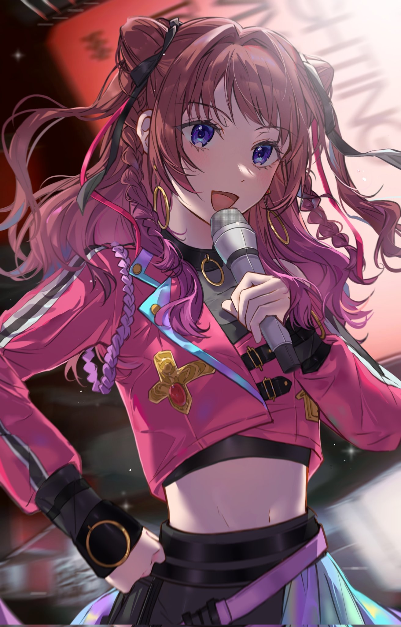 1girl, black_ribbon, black_shirt, blue_eyes, blush, braid, brown_hair, commentary