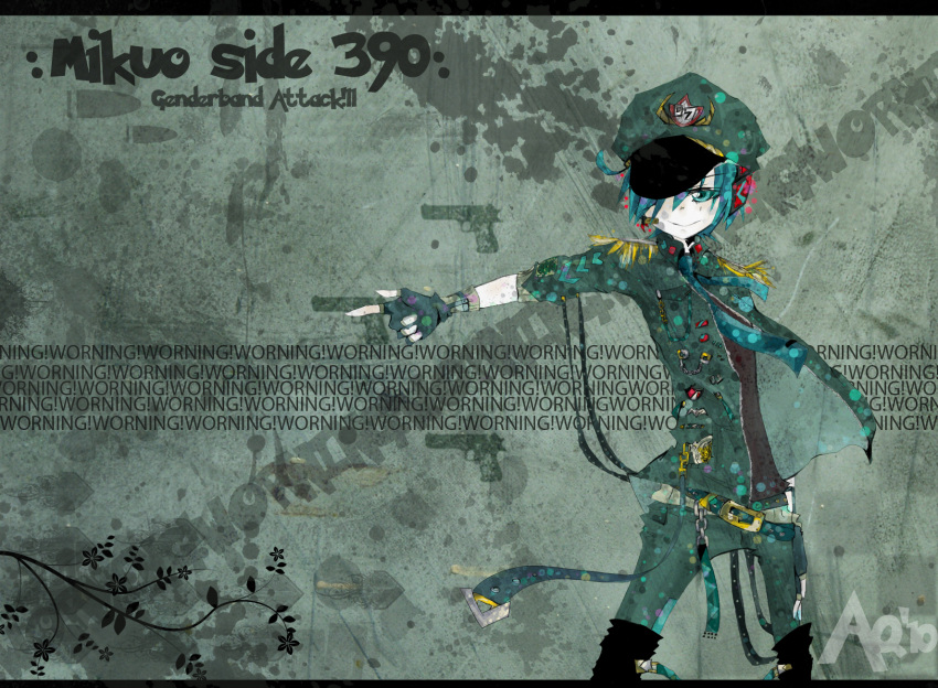 aria_quarzo, badge, chain, engrish, finger_gun, fingerless_gloves, fingers, genderswap, gloves, green, green_eyes, green_hair, hatsune_mikuo, headphones, highres, male, military, military_uniform, necktie, ranguage, short_hair, smile, solo, strap, uniform, vocaloid