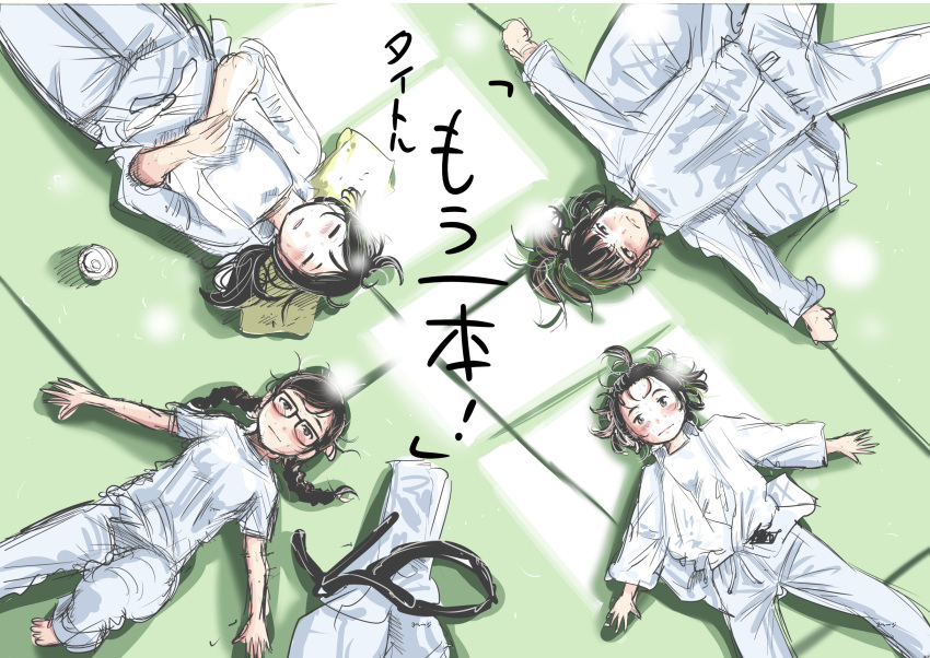 4girls, black_hair, braid, character_request, commentary_request, glass, gym, highres