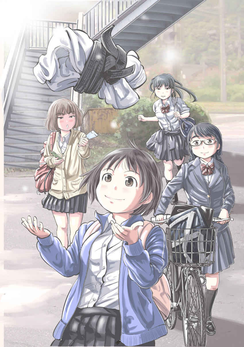 4girls, absurdres, bag, belt, bicycle, black_belt, black_hair, blonde_hair