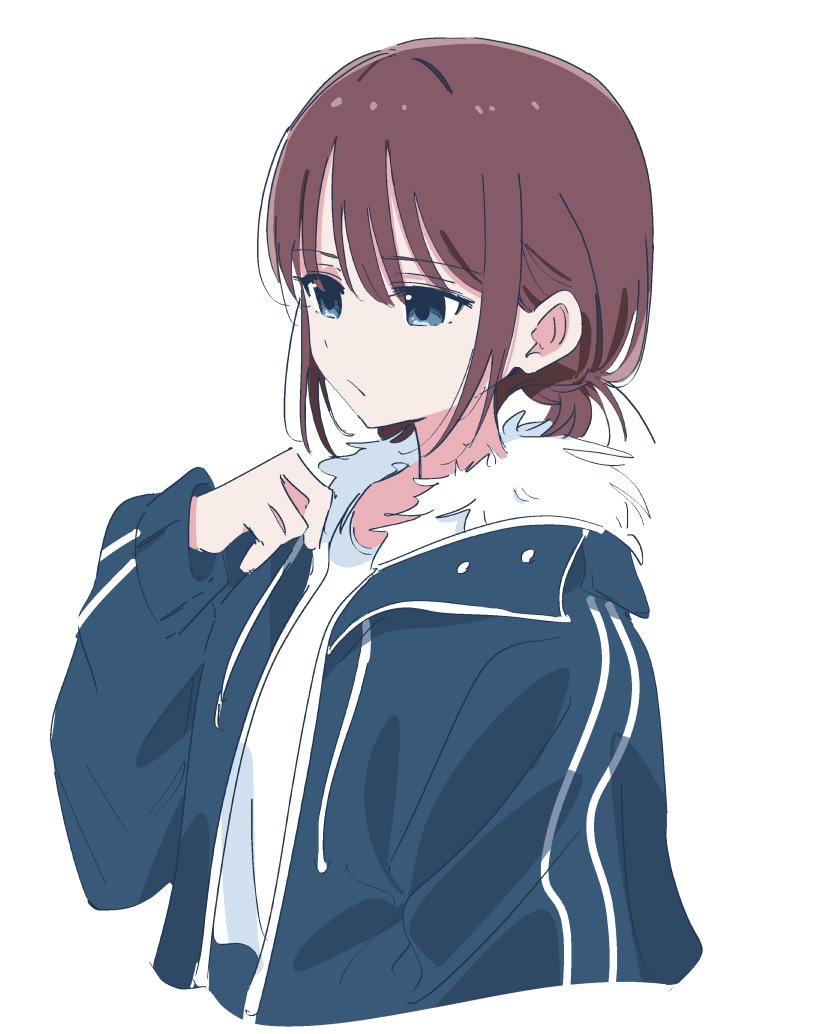 1girl, 818_seki, blue_eyes, blue_jacket, brown_hair, closed_mouth, commentary, cropped_torso