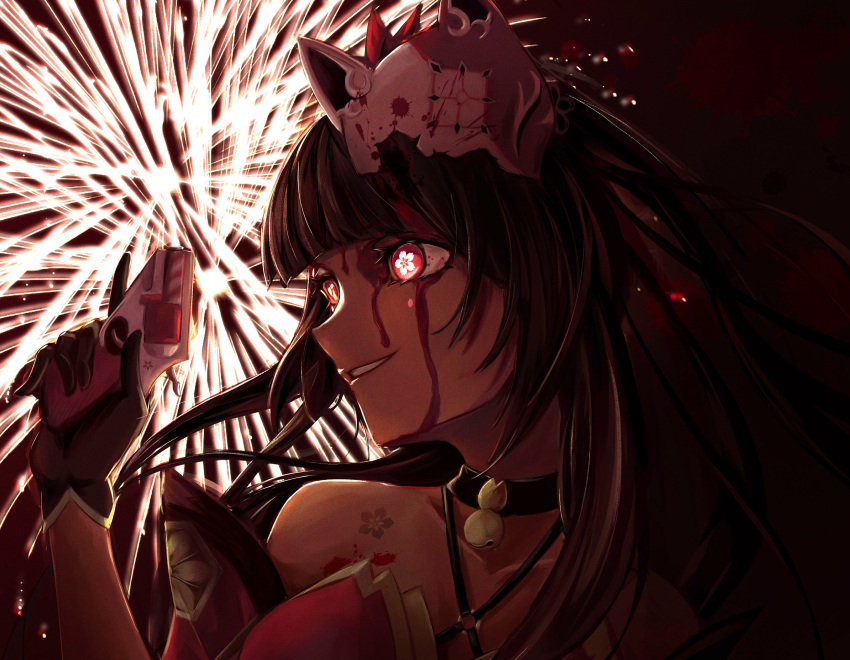 1girl, absurdres, bare_shoulders, bell, black_gloves, bleeding_from_forehead, blood, blood_on_face
