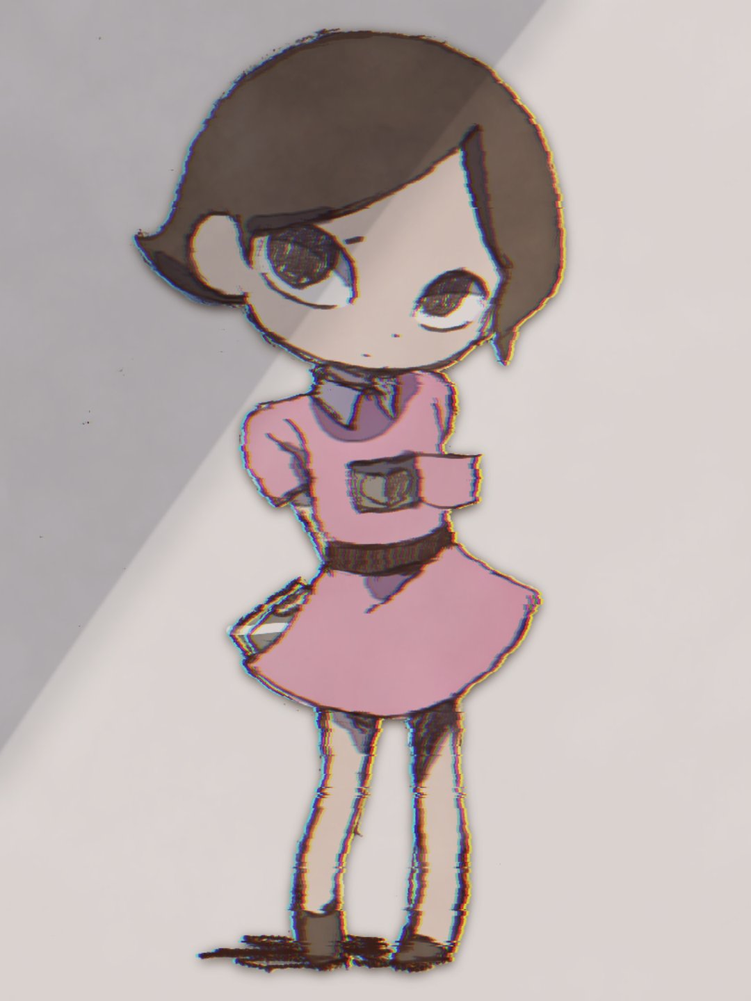 1girl, arms_behind_back, belt, brown_belt, brown_eyes, brown_footwear, brown_hair, chromatic_aberration