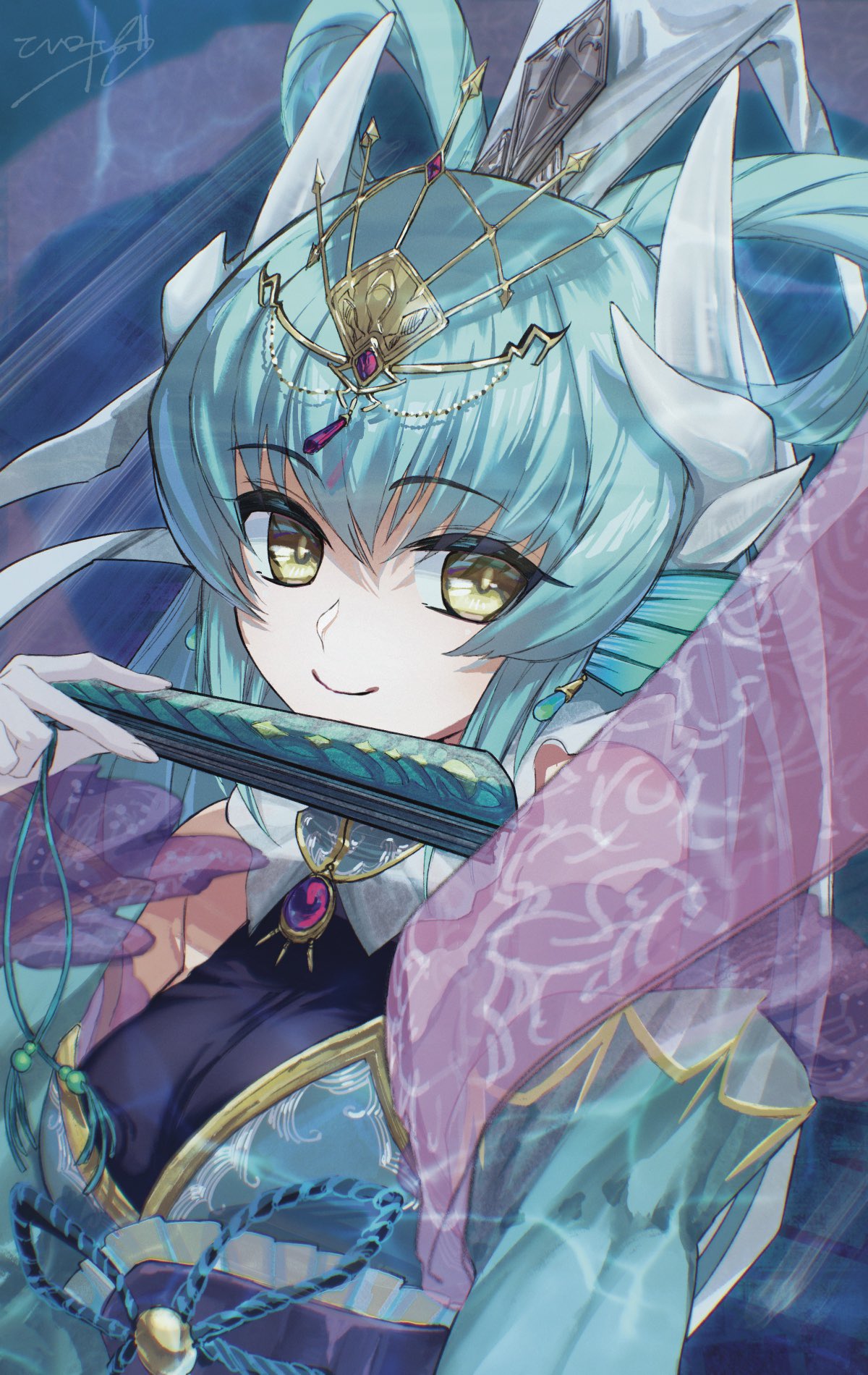 1girl, aqua_hair, brooch, closed_mouth, commentary_request, dragon_horns, earrings, fate/grand_order