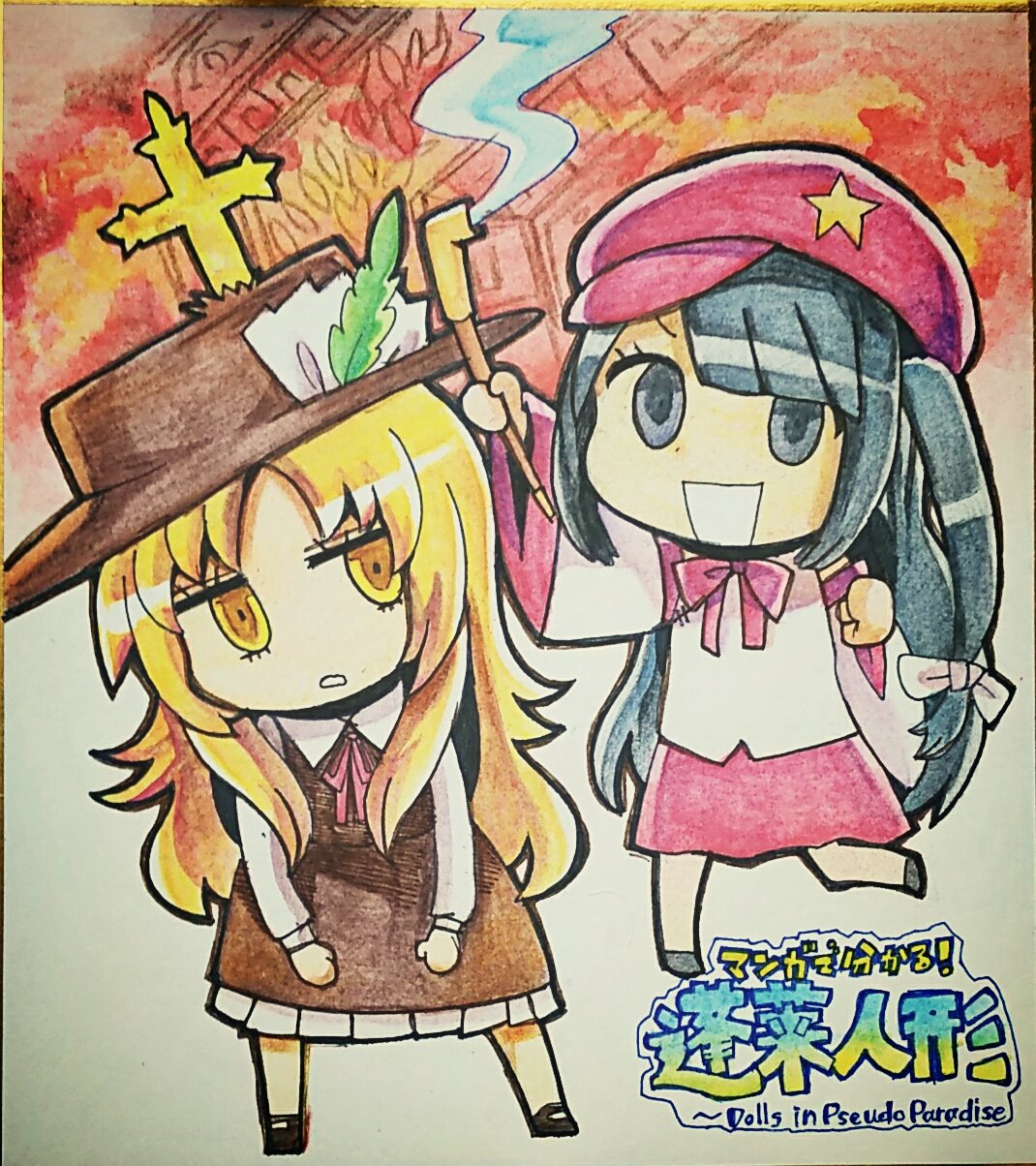 2girls, :d, black_footwear, blonde_hair, blue_hair, blunt_bangs, bow, bowtie