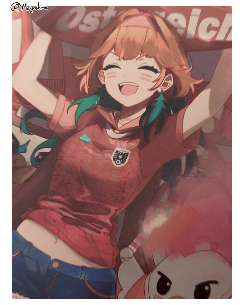 1girl, absurdres, austria, austrian_flag, closed_eyes, denim, denim_shorts, english_commentary