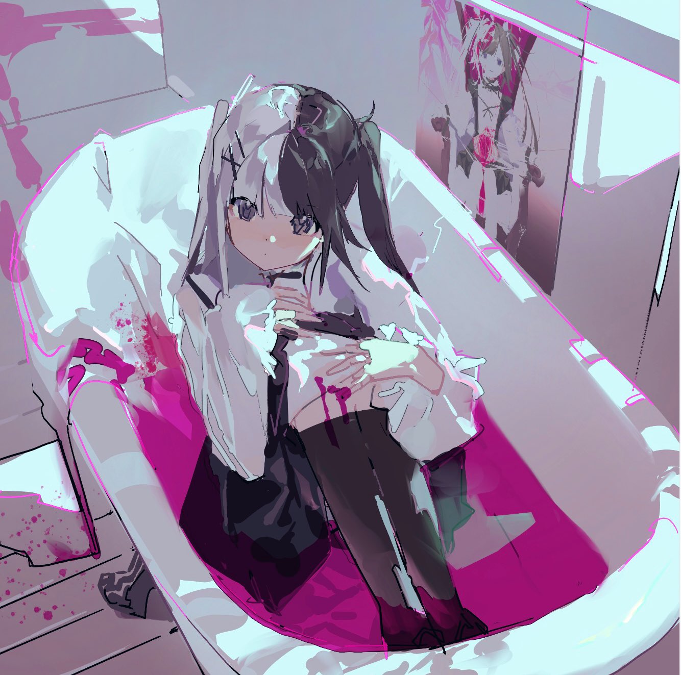 1girl, ariozara, bathtub, black_eyes, black_skirt, blood, blood_on_clothes, claw_foot_bathtub, closed_mouth, dot_mouth, full_body, hair_ornament, hairclip, hands_on_own_knees, highres, hugging_own_legs, long_hair, long_sleeves, looking_at_viewer, multicolored_hair, original, photo_(object), pink_blood, shirt, sitting, skirt, solo, split-color_hair, twintails, white_shirt, x_hair_ornament