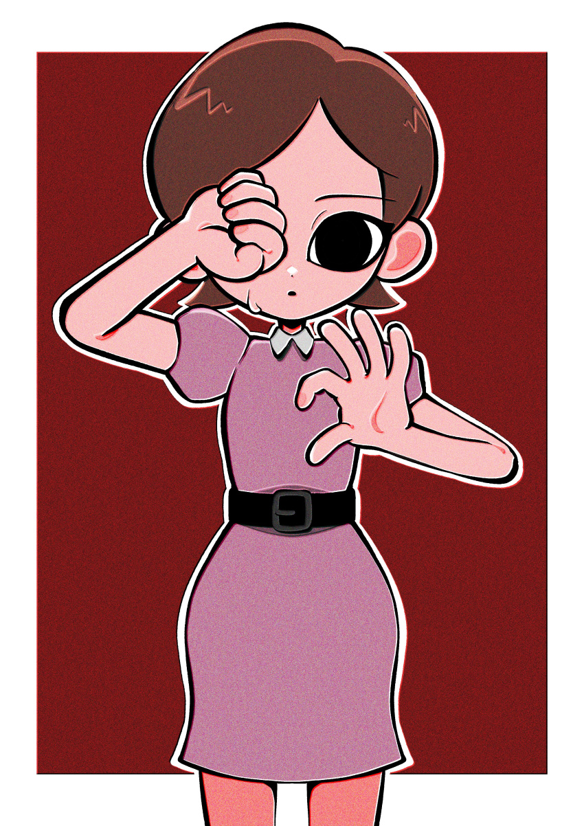 1girl, absurdres, belt, black_belt, black_eyes, border, brown_hair, clenched_hand
