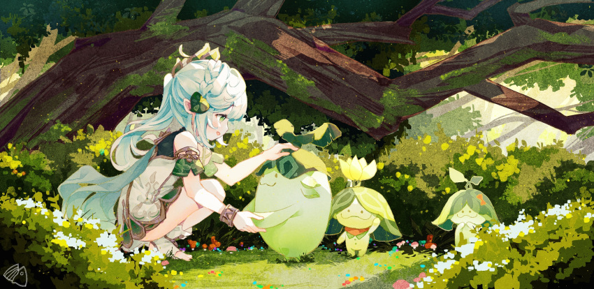 1girl, :d, aqua_cape, aqua_hair, aranara_(genshin_impact), bracelet, bush, cape