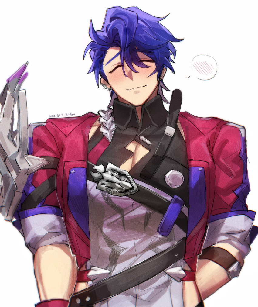 1boy, arm_behind_back, armor, belt, black_belt, black_shirt, blue_hair, blush