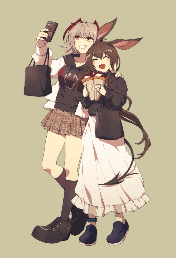 2girls, alternate_costume, amiya_(arknights), animal_ears, antenna_hair, arknights, black_background, black_footwear, black_hoodie, black_jacket, black_shirt, black_socks, brown_hair, brown_skirt, closed_eyes, closed_mouth, commentary_request, couple, demon_horns, demon_tail, green_background, grey_hair, grin, holding, holding_phone, hood, hoodie, horns, infection_monitor_(arknights), jacket, kneehighs, lari_lab, long_skirt, multicolored_hair, multiple_girls, open_mouth, phone, platform_footwear, pleated_skirt, rabbit_ears, redhead, selfie, shirt, simple_background, skirt, smile, socks, streaked_hair, tail, taking_picture, v, w_(arknights), white_jacket, white_skirt, yellow_eyes, yuri