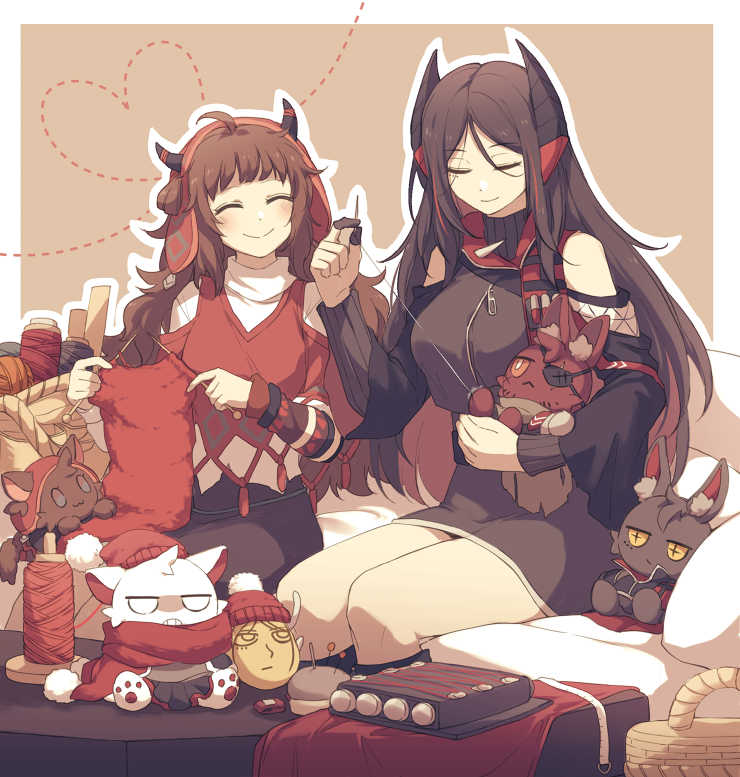 2girls, :>, ahoge, arknights, basket, black_dress, black_hair, black_skirt