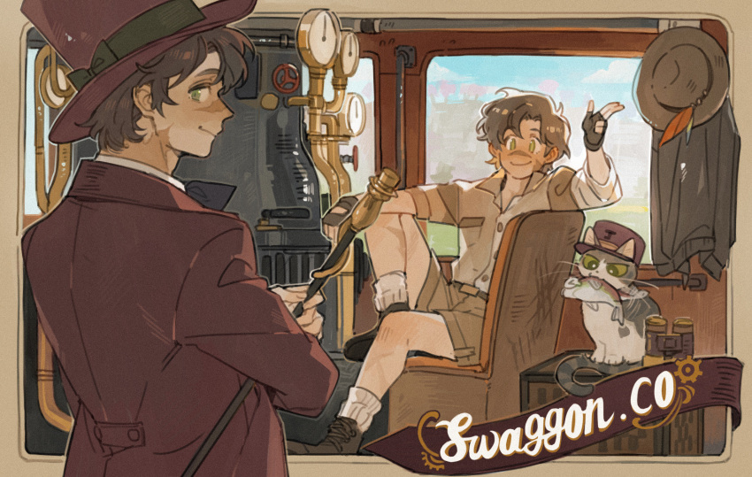 2boys, brown_hair, cane, cat, coat, dual_persona, engine, fish