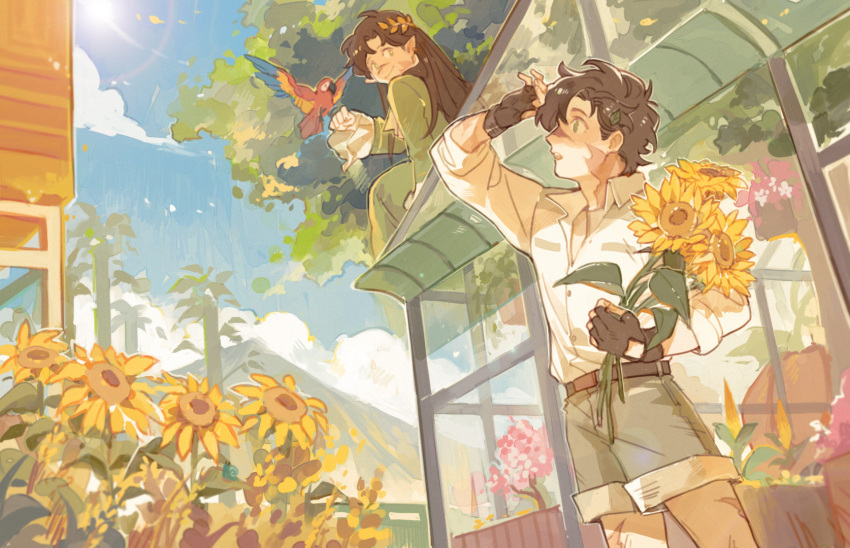 2boys, bird, brown_hair, dual_persona, elf, flower, flying, goodtimeswithscar