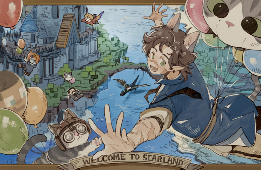 1girl, 4boys, animal_ears, balloon, castle, cat, cat_boy, cat_ears