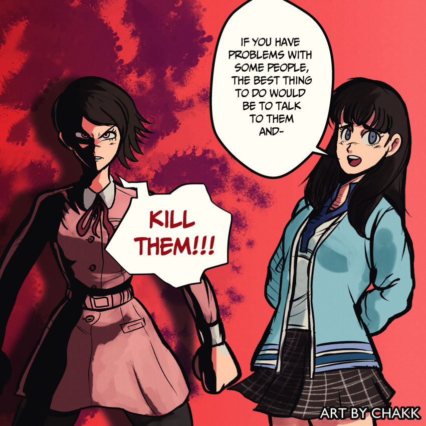 2girls, absurdres, arms_behind_back, artist_name, black_hair, black_pantyhose, blue_jacket, breasts
