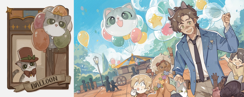 2girls, 5boys, aged_down, animal_ears, animification, balloon, bdoubleo100, bow