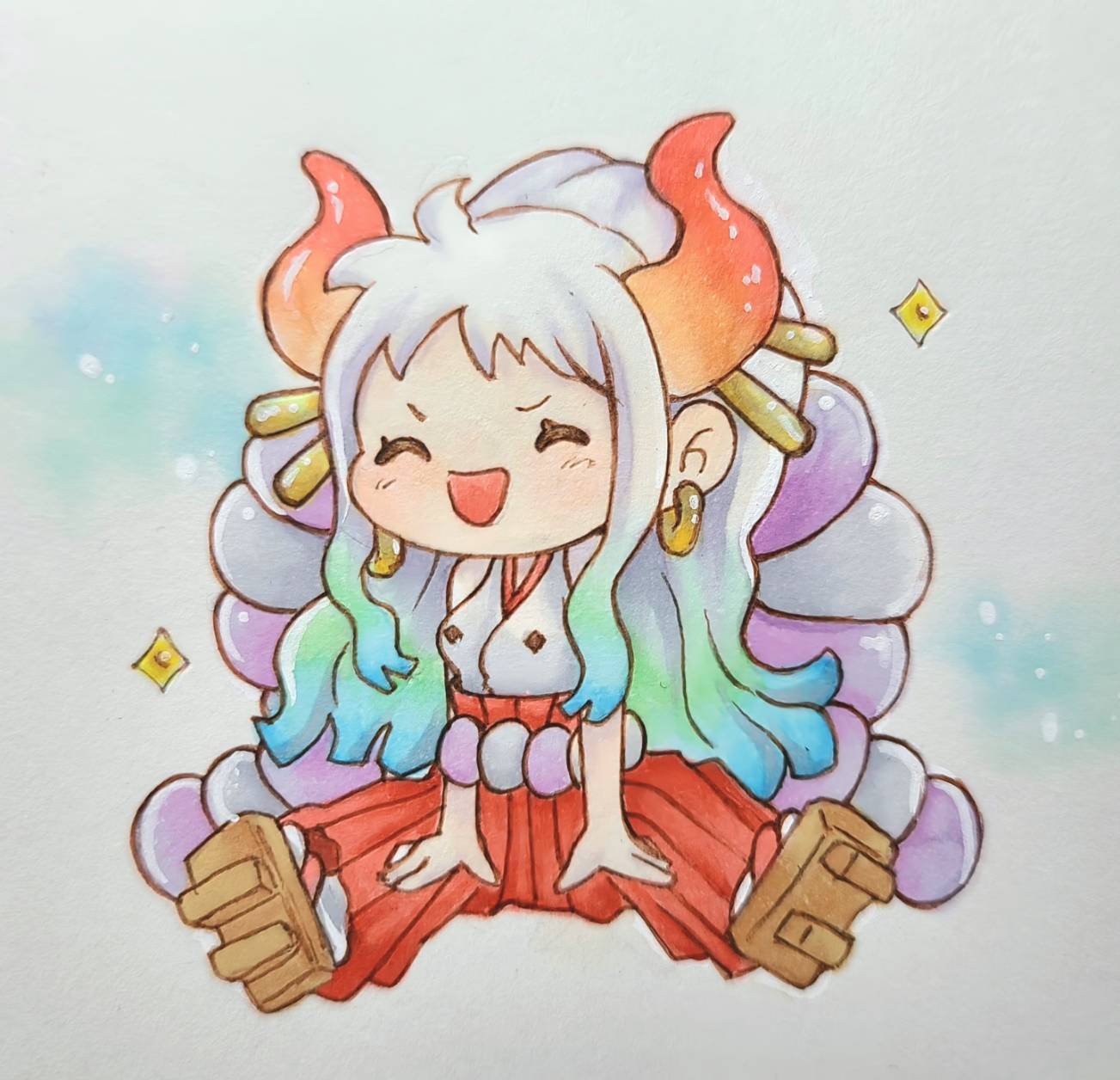 1girl, ^_^, ahoge, blue_hair, chibi, closed_eyes, commentary, earrings, geta, green_hair, hakama, highres, horns, japanese_clothes, jewelry, kimono, multicolored_hair, one_piece, orange_horns, ponytail, red_hakama, rope, sa_nctzen, shimenawa, sidelocks, sitting, smile, solo, sparkle, white_hair, white_kimono, yamato_(one_piece)
