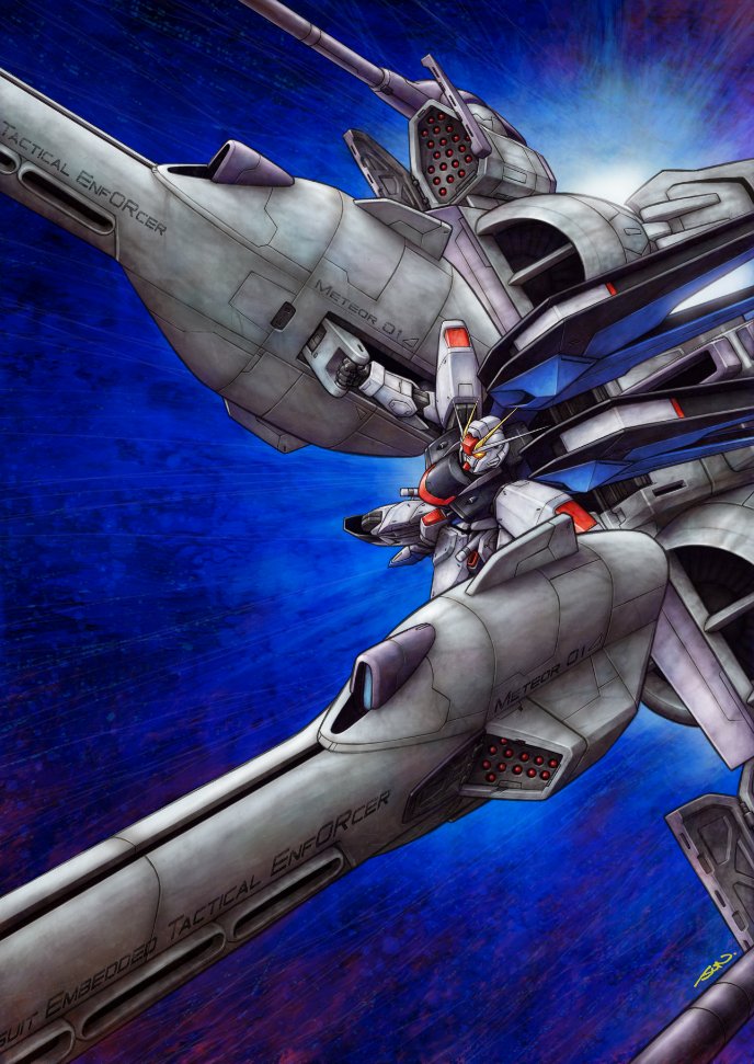 beam_cannon, commentary_request, english_text, flying, freedom_gundam, glowing, glowing_eyes, gundam