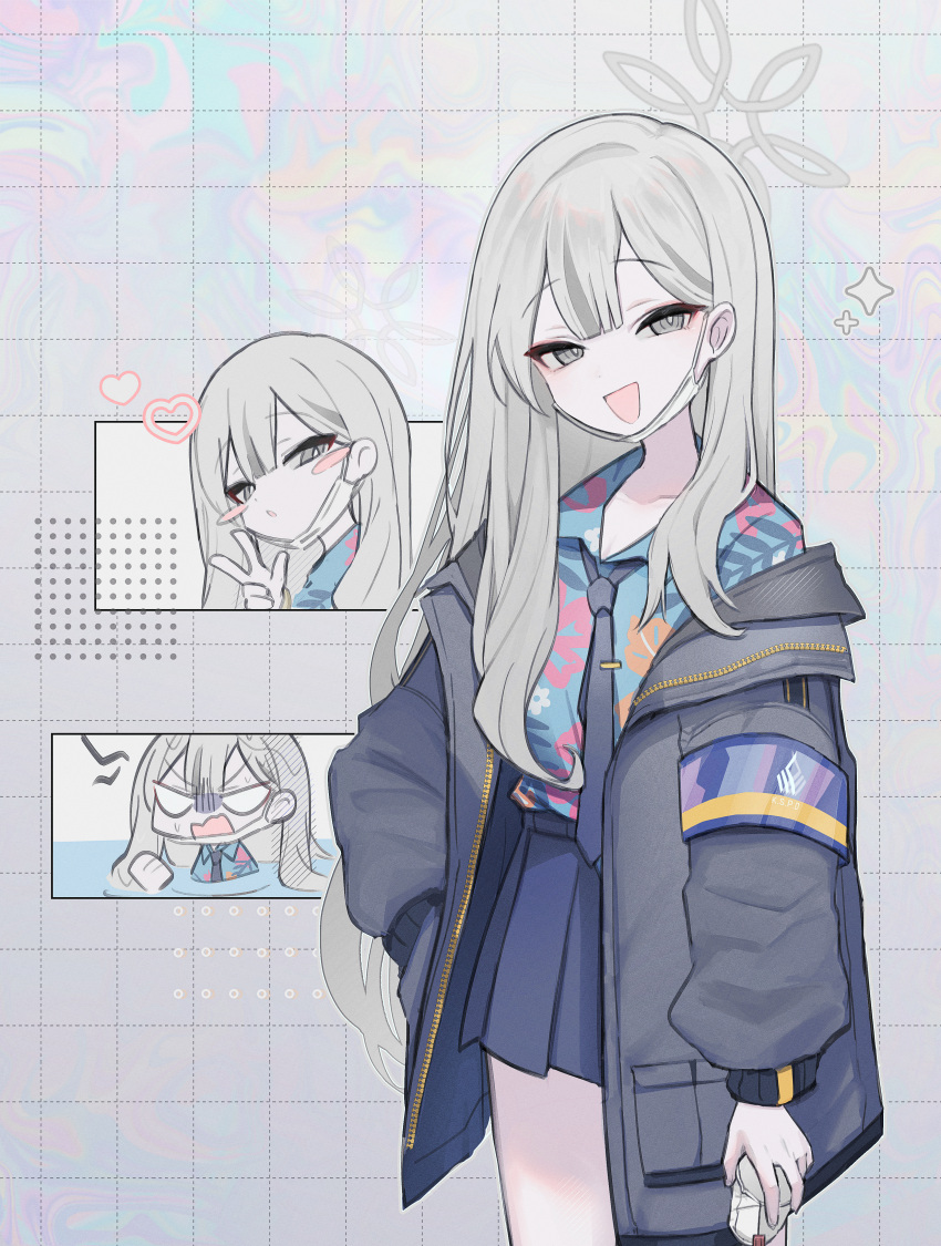 1girl, 3rd_rb, absurdres, black_necktie, blue_archive, blue_shirt, collared_shirt, expressions