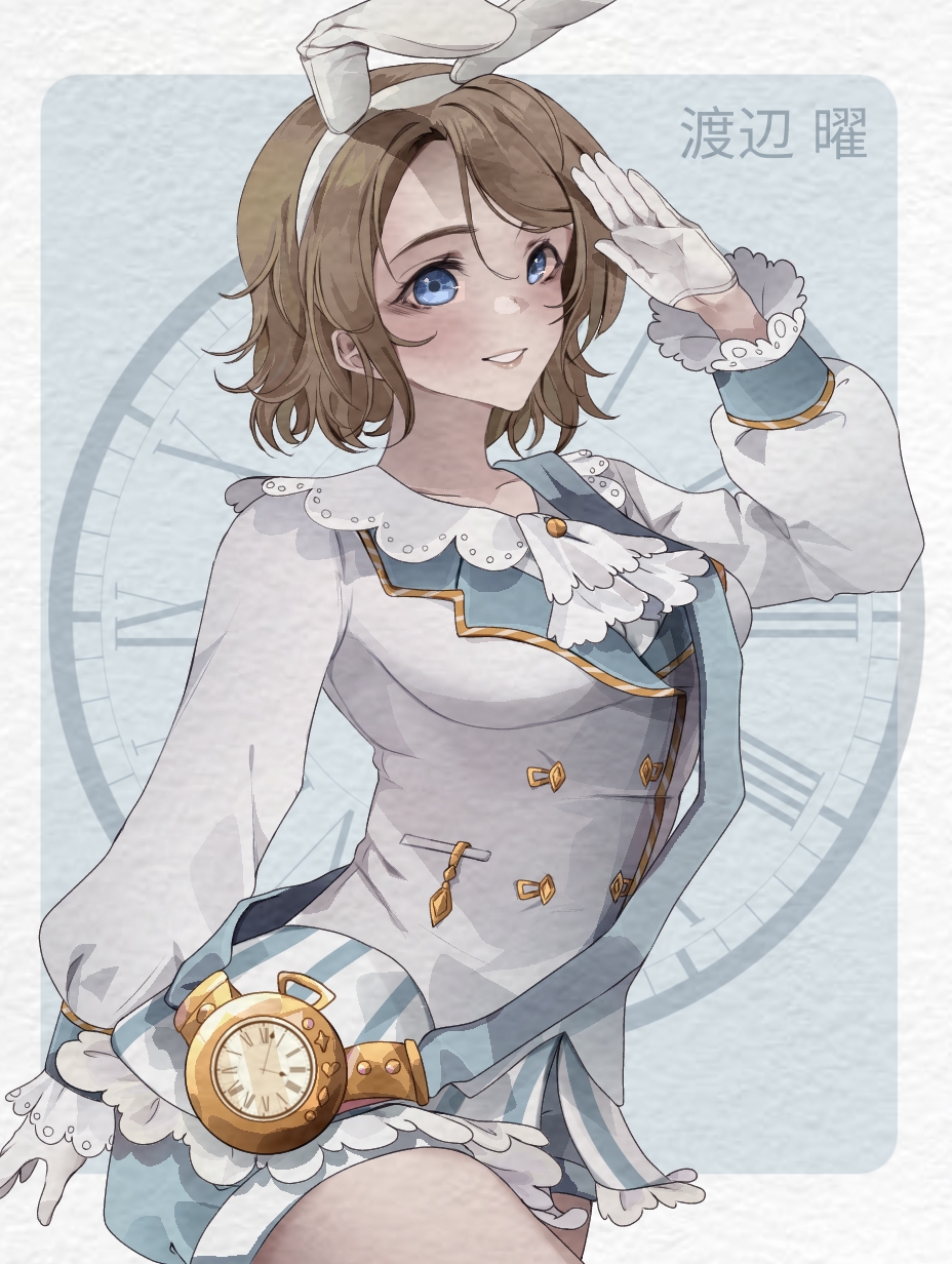 animal_ears, blush, brown_hair, clock, commentary, frills, gloves, hand_up