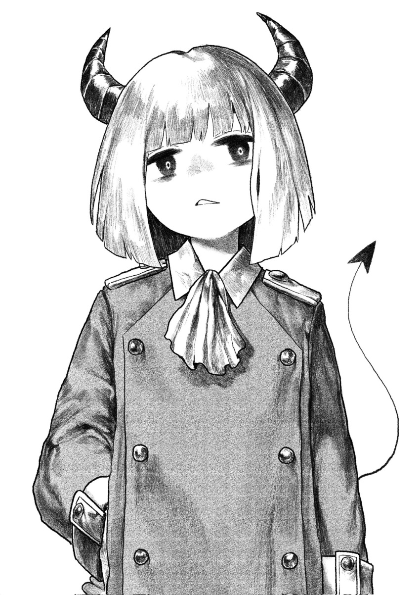 1girl, ascot, buttons, demon_girl, demon_horns, demon_tail, double-breasted, greyscale