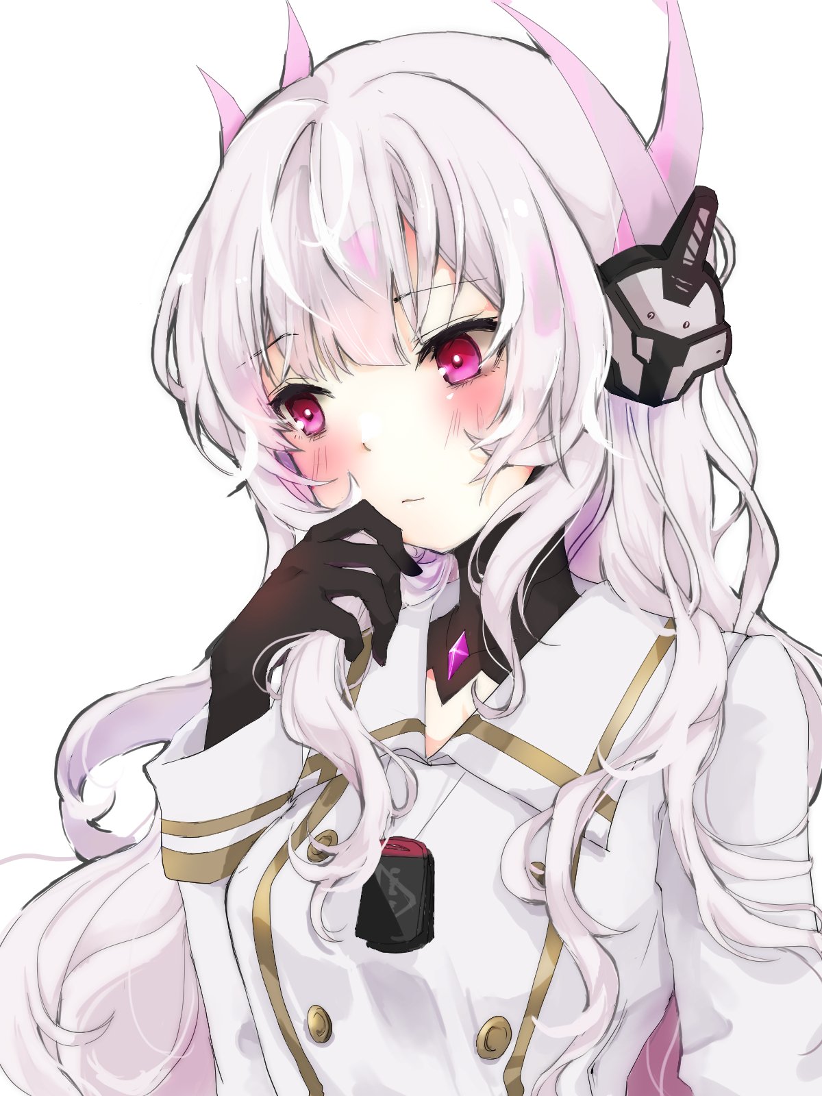 1girl, animal_collar, black_gloves, blush, closed_mouth, collar, dress, gloves, gold_trim, gown, grey_dress, headgear, headphones, highres, holding, holding_own_hair, ite_ti, liv:_eclipse_(punishing:_gray_raven), liv_(punishing:_gray_raven), long_hair, long_sleeves, pink_eyes, pink_hair, punishing:_gray_raven, sidelocks, solo, white_background