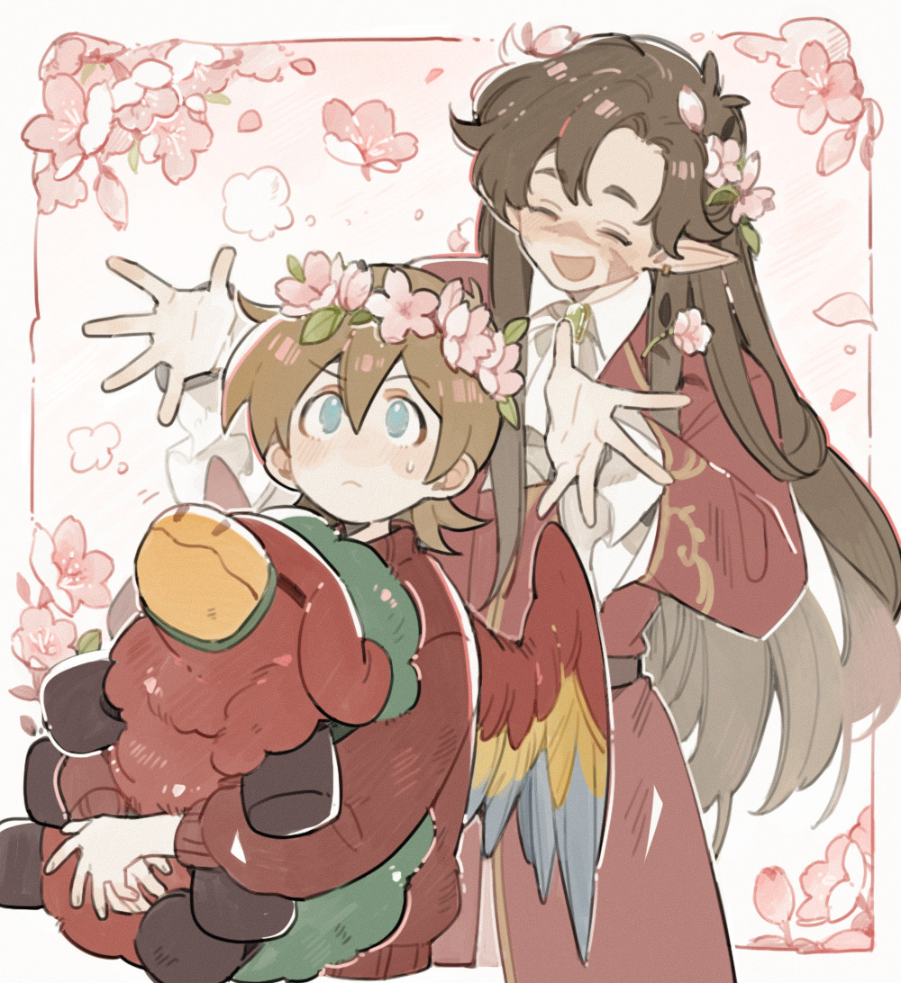 2boys, bird_boy, bird_wings, blue_eyes, brown_hair, cherry_blossoms, coat, creature