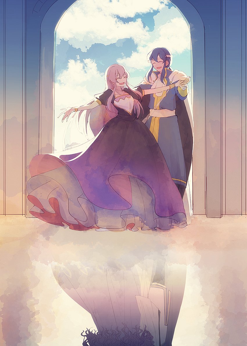 1boy, 1girl, 300_pm, alternate_costume, ballroom, blue_hair, closed_eyes, clouds, cloudy_sky, dancing, dress, facing_another, fire_emblem, fire_emblem:_genealogy_of_the_holy_war, gown, happy, indoors, julia_(fire_emblem), long_hair, open_mouth, petticoat, purple_hair, seliph_(fire_emblem), sky, smile