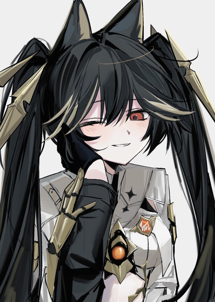 black_gloves, black_hair, black_jacket, commandant_(punishing:_gray_raven), gloves, hair_ornament, hand_on_another's_face, haru18_ii