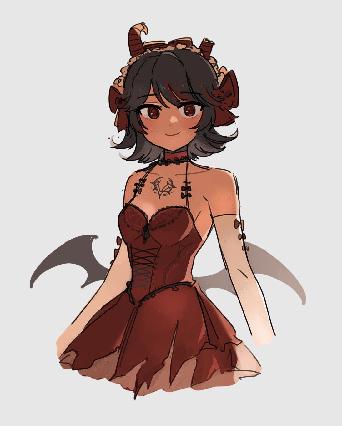 1girl, ar_at001, bare_shoulders, black_hair, bow, broken_horn, chest_tattoo, choker