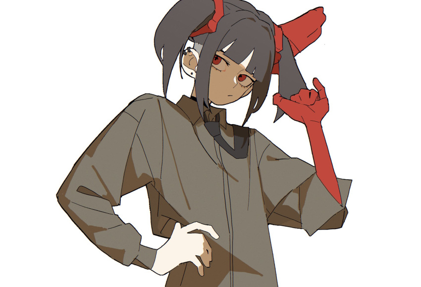 1girl, :/, black_collar, black_hair, black_necktie, blunt_ba, collar, collared_shirt