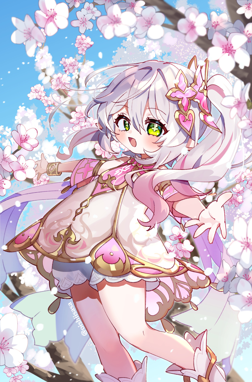 1girl, absurdres, blue_sky, blush, bracelet, branch, cherry_blossoms, commentary_request