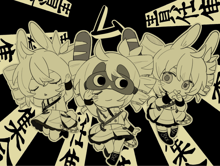 3girls, ahoge, animal_ears, arm_at_side, baguette, black_background, boots, bread