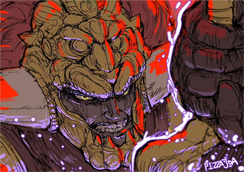 1boy, artist_name, aura, black_gloves, clenched_teeth, dark-skinned_male, dark_skin, elden_ring, fake_horns, gloves, helmet, highres, holding, holding_sword, holding_weapon, horned_helmet, horns, male_focus, open_mouth, portrait, solo, starscourge_radahn, sword, teeth, user_pgny3374, weapon, yellow_eyes