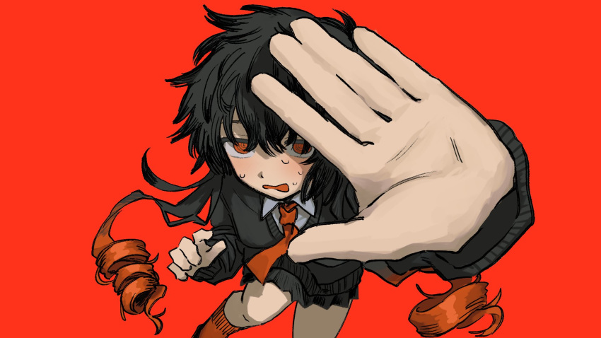 1girl, @_@, agarishou_(synthesizer_v), arm_up, black_hair, black_skirt, black_sweater, blush