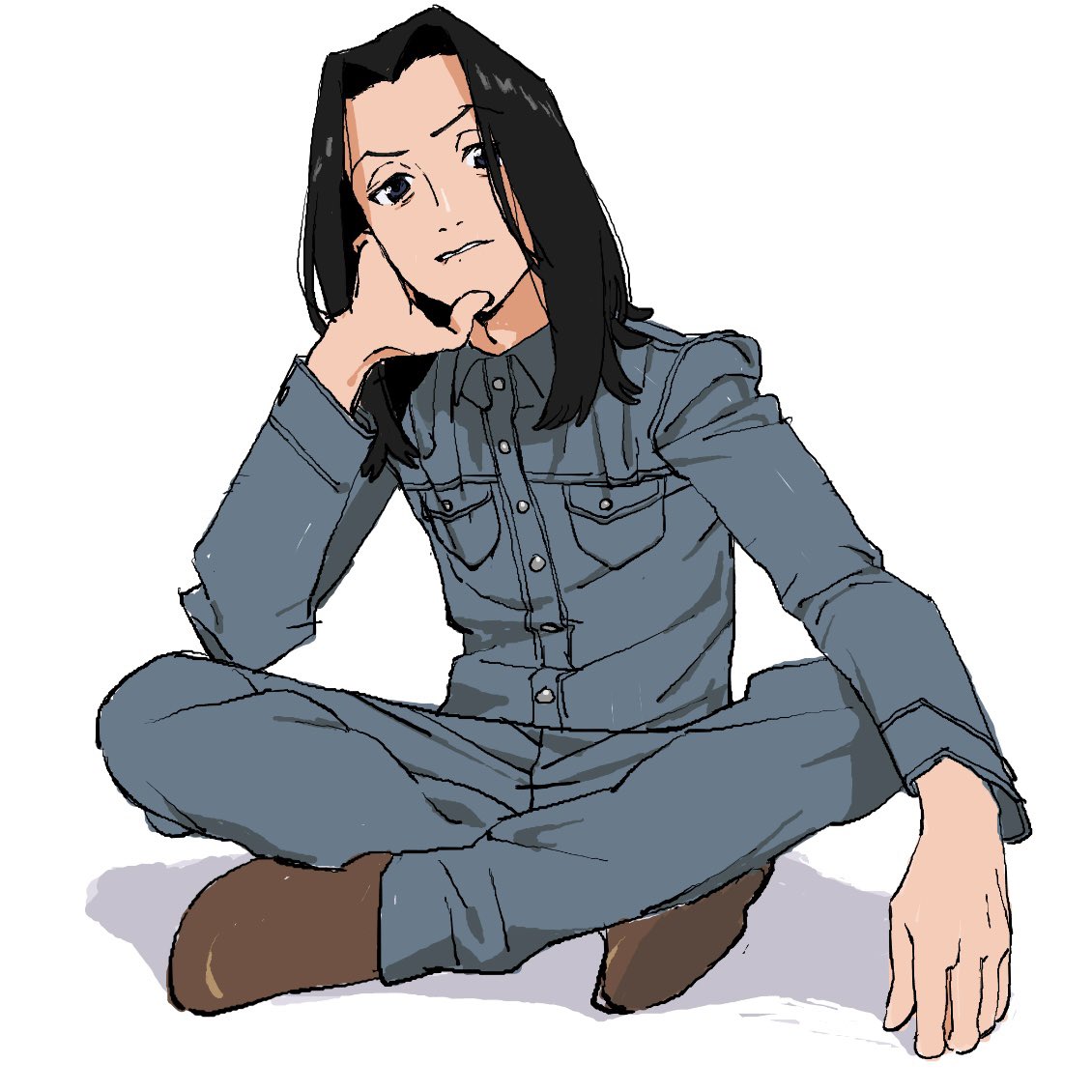 1boy, anzaiteru_099, arm_on_knee, beck, biting_own_lip, black_eyes, black_hair, blue_jumpsuit