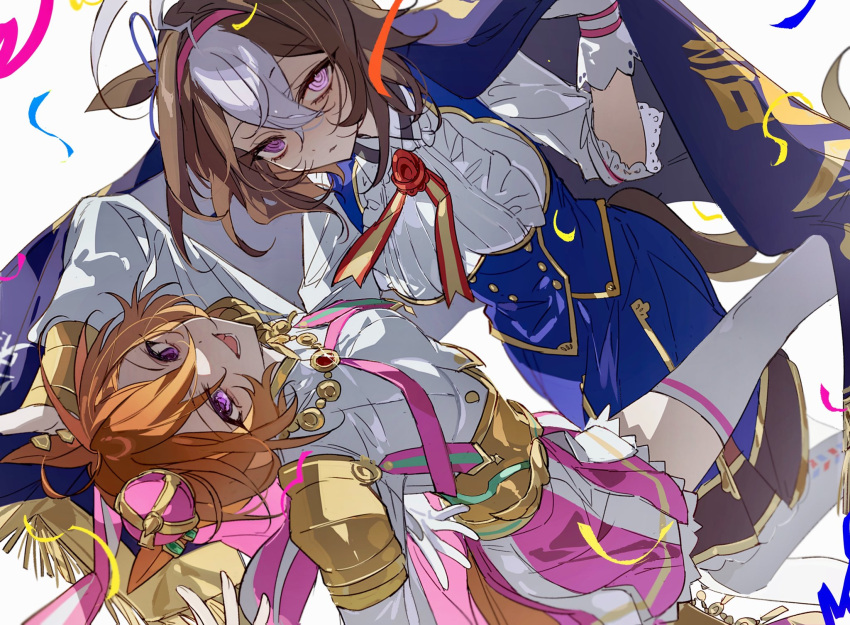 2girls, :d, @_@, ahoge, animal_ears, armor, blue_jacket, blue_skirt, brown_hair, buttons, cape, chachalnene, chain, collared_shirt, commentary, confetti, cropped_shirt, crown, double-breasted, dutch_angle, framed_breasts, frilled_shirt, frills, fringe_trim, gloves, gold_armor, gold_chain, gold_necklace, hairband, highres, holding_banner, horse_ears, horse_girl, horse_tail, jacket, jewelry, long_sleeves, looking_at_viewer, meisho_doto_(umamusume), mini_crown, multicolored_clothes, multicolored_hair, multicolored_skirt, multiple_girls, neck_ribbon, necklace, orange_hair, orange_tail, pauldrons, pink_cape, pink_hairband, pink_ribbon, pink_skirt, pleated_skirt, ribbed_shirt, ribbon, shirt, short_hair, shoulder_armor, skirt, sleeveless, sleeveless_jacket, smile, t.m._opera_o_(umamusume), tail, thigh-highs, two-tone_hair, two-tone_skirt, umamusume, v-shaped_eyebrows, vambraces, violet_eyes, white_background, white_gloves, white_hair, white_shirt, white_skirt, white_thighhighs, zettai_ryouiki