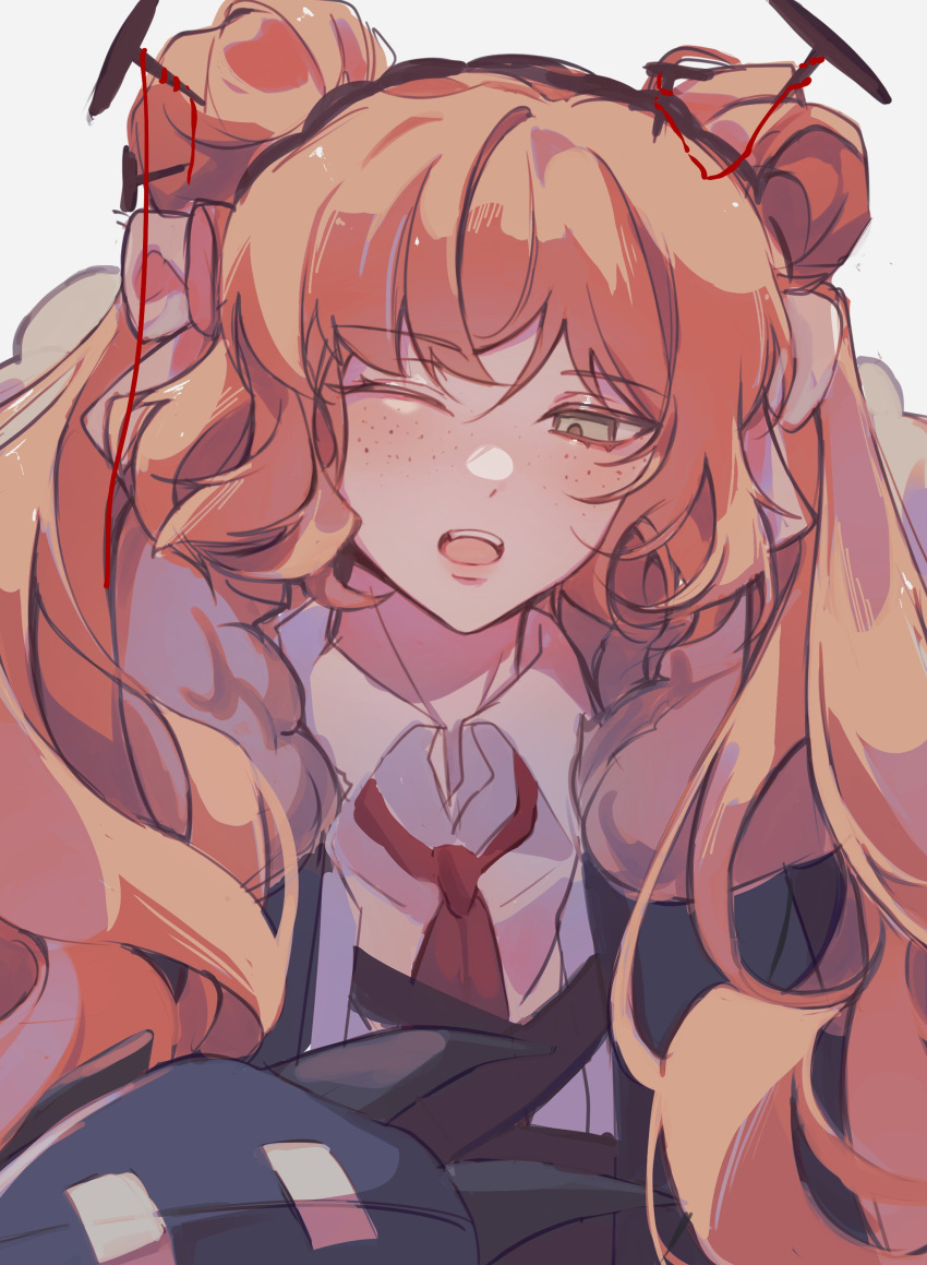 1girl, absurdres, black_jacket, bow, claws, collared_shirt, commentary, e.g.o_(project_moon), english_commentary, freckles, hair_bow, hair_bun, hairband, hex_nail_(e.g.o), highres, ishmael_(project_moon), jacket, jenn_(sinclairfan1), light_blush, limbus_company, long_hair, looking_at_viewer, nail, necktie, one_eye_closed, open_mouth, orange_hair, project_moon, red_necktie, red_ribbon, ribbon, shirt, simple_background, solo, teeth, upper_teeth_only, white_background, white_bow, white_shirt, wing_collar