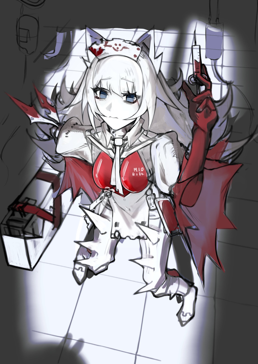 1girl, absurdres, animal_ears, artist_name, blood, blood_bag, blood_on_clothes, gloves
