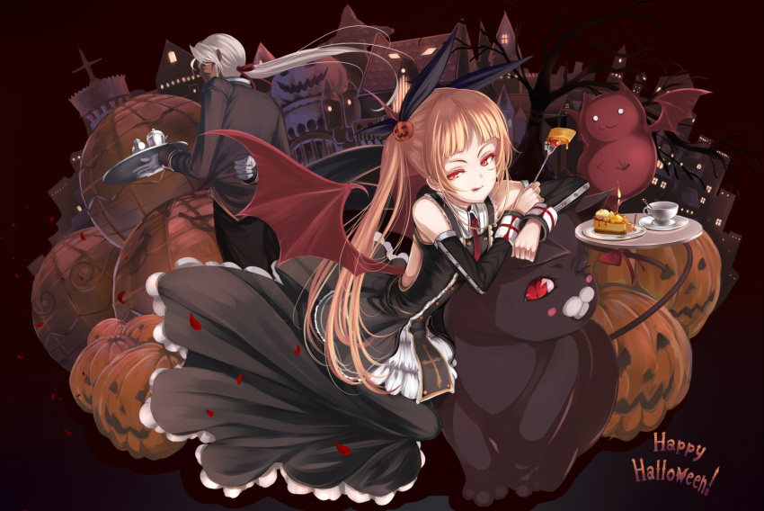 :q, blazblue, blonde_hair, butler, cake, castle, dark_skin, dress