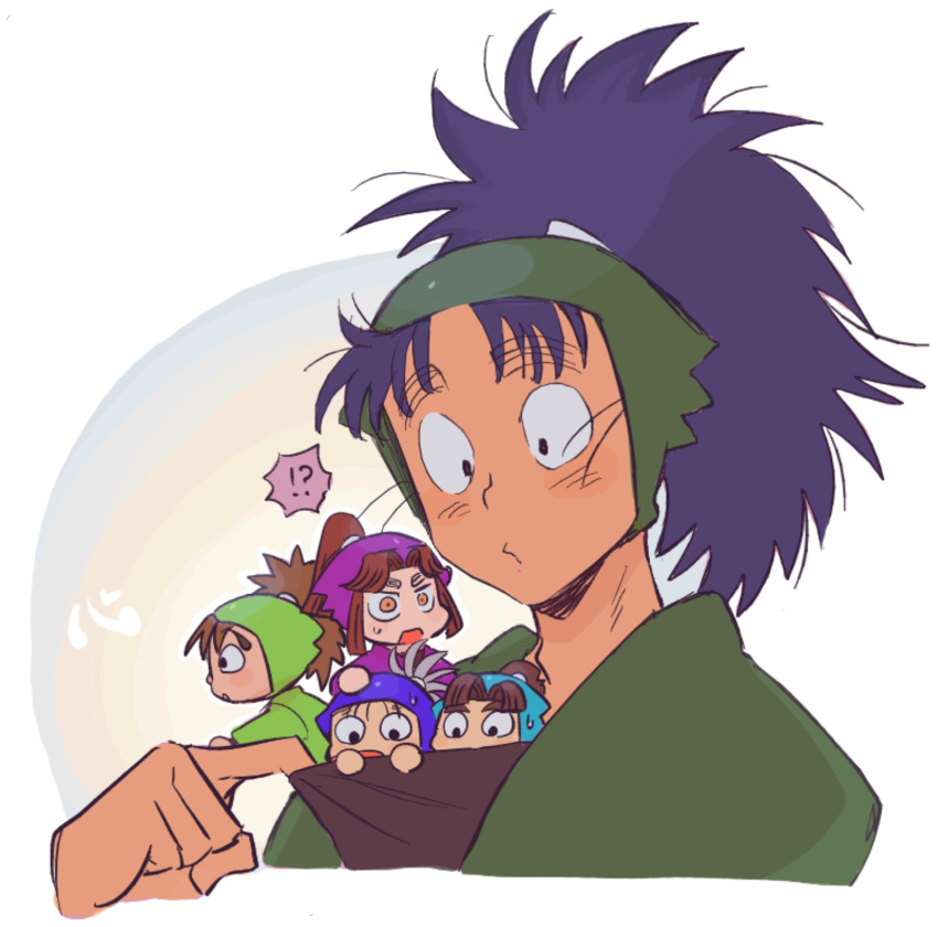 !?, 5boys, black_shirt, blue_hair, clothes_pull, cropped_arm, cropped_torso, cross-eyed, dark_blue_hair, green_hood, green_jacket, hiding, highres, inside_clothes, jacket, layered_clothes, light_blush, looking_at_another, male_focus, medium_hair, minamoto_kingo, mini_person, miniboy, multiple_boys, nanamatsu_koheita, o3o, parted_bangs, portrait, rakudai_ninja_rantarou, ruiori_saikou, sanpaku, shirobei_tokitomo, shirt, tairano_takiyashamaru, tsugiya_sannosuke, wide_ponytail