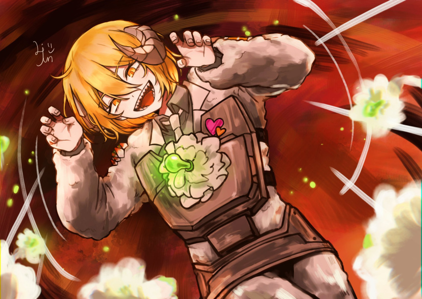 1girl, armor, blonde_hair, brooch, claw_pose, collared_shirt, cowboy_shot, don_quixote_(project_moon)