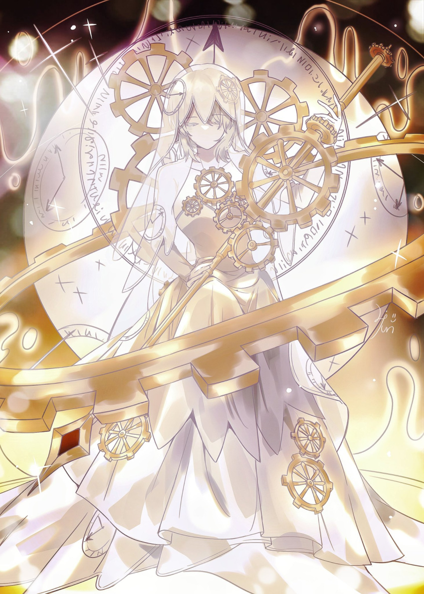 1girl, clock, clock_hair_ornament, closed_eyes, dress, e.g.o_(project_moon), elbow_gloves, everlasting_(e.g.o)