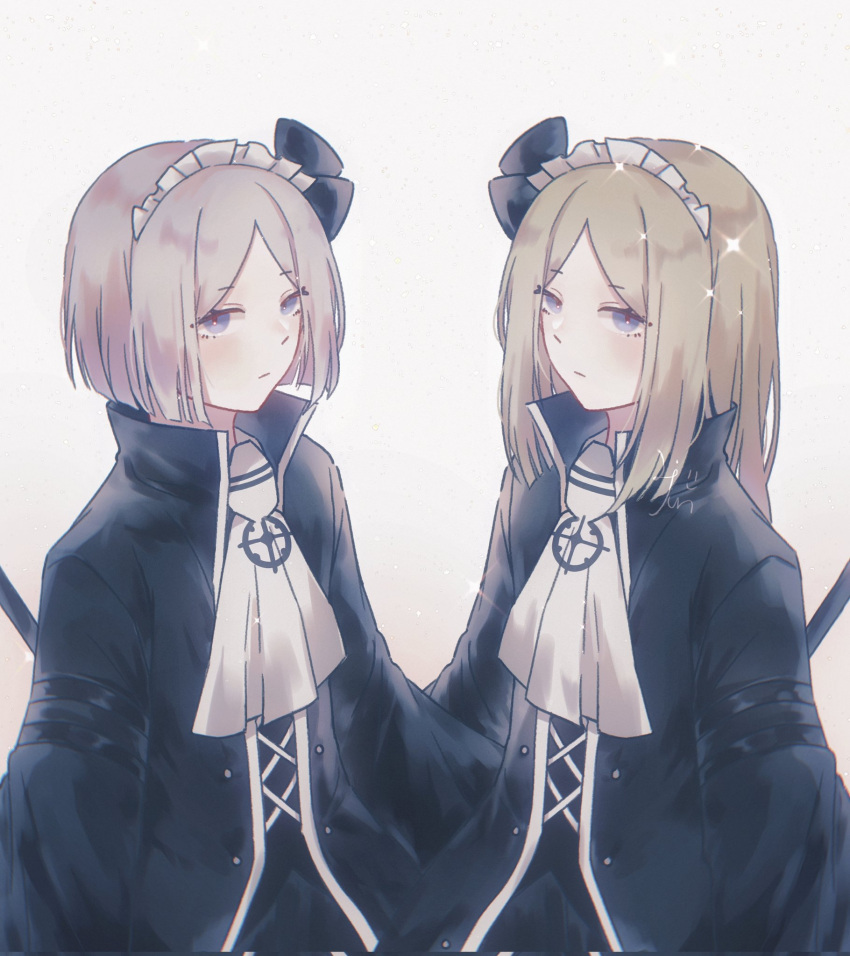 2girls, ascot, black_coat, black_dress, blonde_hair, blue_eyes, coat, dress
