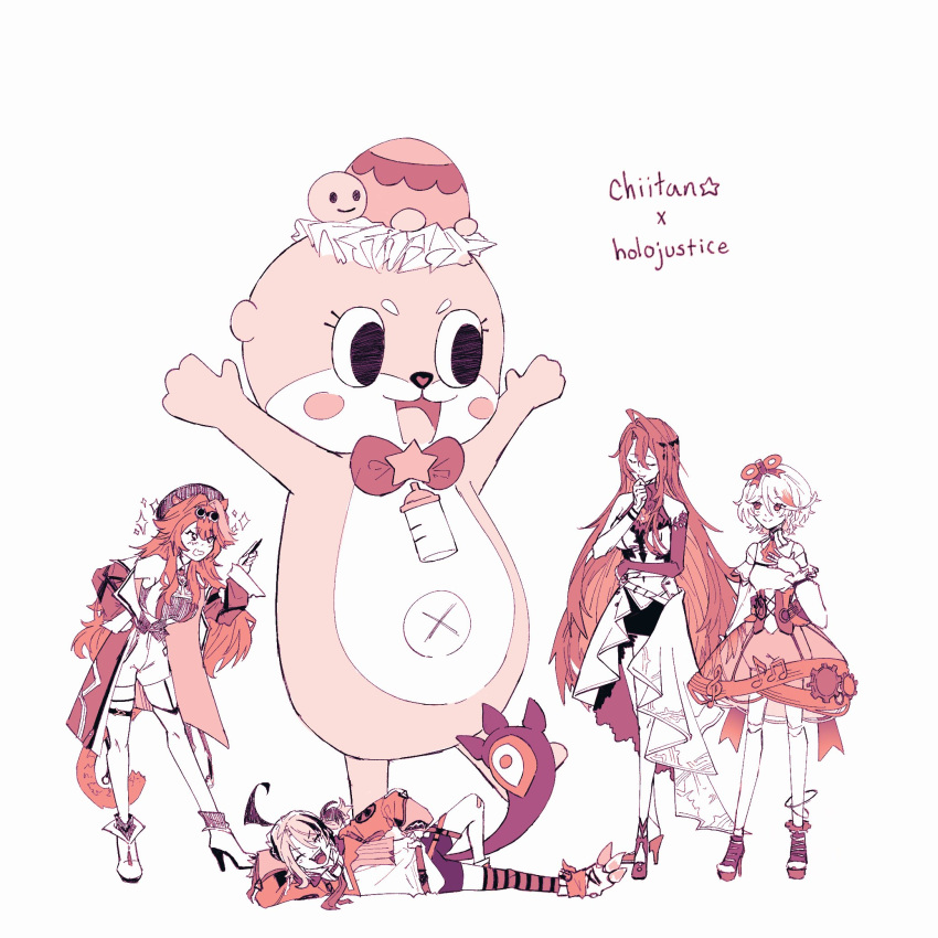 1other, 4girls, :d, ahoge, baby_bottle, blush_stickers, bottle, cecilia_immergreen