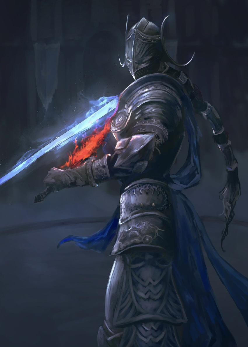 1girl, armor, armored_skirt, black_hair, braid, breastplate, commentary, dual_wielding, elden_ring, elden_ring:_shadow_of_the_erdtree, flaming_sword, flaming_weapon, full_armor, gauntlets, glowing, glowing_sword, glowing_weapon, graffitigw, greaves, hashtag-only_commentary, helmet, highres, holding, holding_sword, holding_weapon, long_hair, rellana_twin_moon_knight, single_braid, solo, sword, weapon
